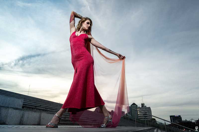 Veronika Kruta in a striking pose on steps