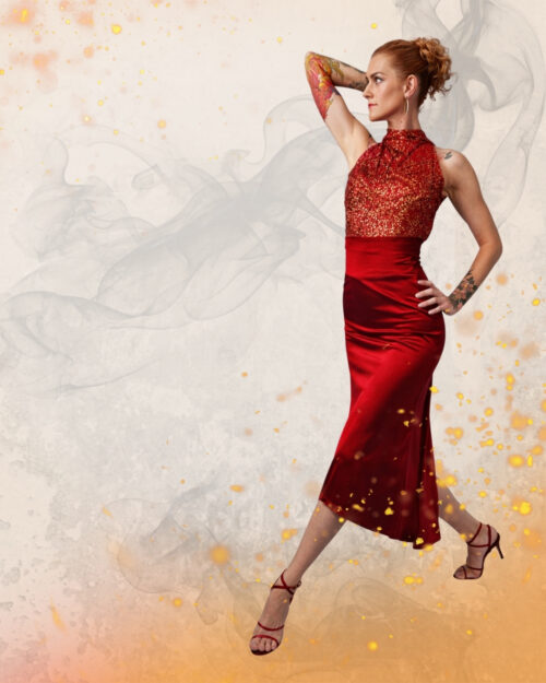 Veronika in red dress with smoke background